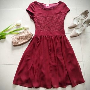 👗 Red Cap Sleeve Lace Chiffon Fit & Flare Dress